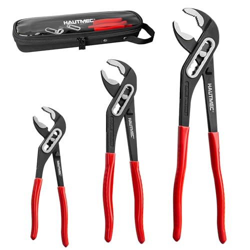 HAUTMEC 3PCS Water Pump Pliers Set, Fast Adjustable Tongue and Groove Joint Pliers Tool Set, Self-Locking Groove, CRV Steel V-Jaw & Comfort Grip, Wider Opening & 7 Positions, 7/10/12 Inch for Plumbing HT0323