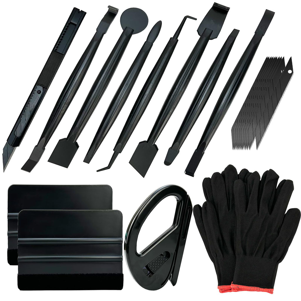 Umaki Automotive Vinyl Wraps Tools Tint Film Kit Wallpaper Tools Decal Applicator with 2 Pairs Vinyl Wrap Gloves, 4inch Felt Squeegee, Razor Safety Cutter, Edge Trimmer, Black Vinyl Knife H02