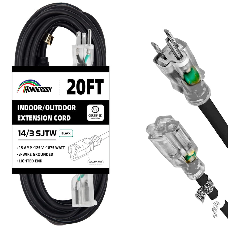 Indoor Outdoor Extension Cord Weatherproof with Lighted End, UL Certified, 14 Gauge 20FT Black 3 Prong Heavy Duty, 14/3 SJTW 15A Power Cord for Outdoor Lights, Lawn