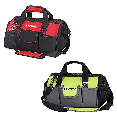 FASTPRO 14-Inch & 13-inch Zip-top Wide Mouth Tool Bags with Multi-pocket & Adjustable Shoulder Strap