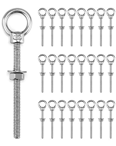 QWORK Eye Bolt, 25 Pack 1/4"x3" Stainless Steel Marine Grade Threaded Eyebolts, Lifting Ring Threaded Eyebolts with Nuts Washers 1/4" x 3"