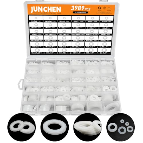 3989pcs White Flat Plastic Washers Spacers,36 Sizes White Nylon Flatwashers Assortment Kit,Countersunk Plastic Spacer Nylon Flat Washers Thickness Gasket Ring Hardware Tool Fastener for Screws M2-M24 3989pcs-WHITE