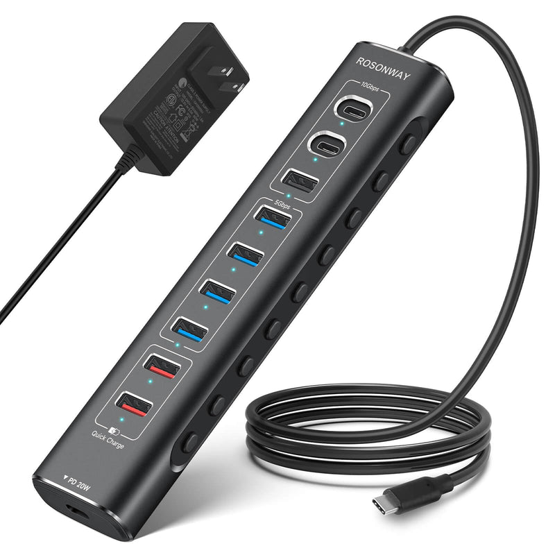 Rosonway 10-Port Powered USB 3.2/USB C Hub 60W with 3x10Gbps USB-3.2 Ports (2C + 1A), 4 USB 3.0 Data Ports, 1 USB-C PD and 2 USB-A Fast Charging Ports, Aluminum USB Splitter for Laptop/PC, RSH-A10QPD