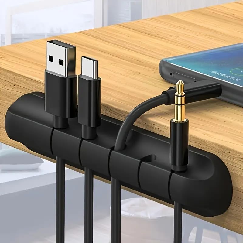 Black Adhesive Holder Organizer, Cable Management Cord Organizer Clips Silicone Self Adhesive for Desktop, USB Charging Cable, Nightstand, Power Cord, Mouse Cable Wire, PC Office Home (3 Hole) 3 Hole