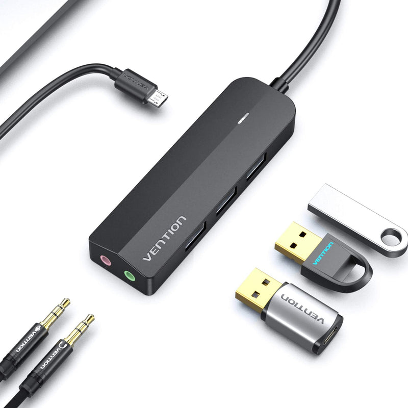 VENTION USB 3.0 Hub, 3 USB A Ports, USB to 3.5mm Jack Audio Adapter, USB External Sound Adapter for Windows Mac Linux PC Laptop Destops PS5 Switch 2 Double Jack-3 Usb Port