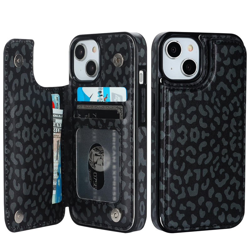 HAOPINSH for iPhone 13/14 Wallet Case with Card Holder, Black Leopard Cheetah Pattern Back Flip Case PU Leather Kickstand Card Slots Case for Women Girls, Double Magnetic Clasp Cover 6.1"