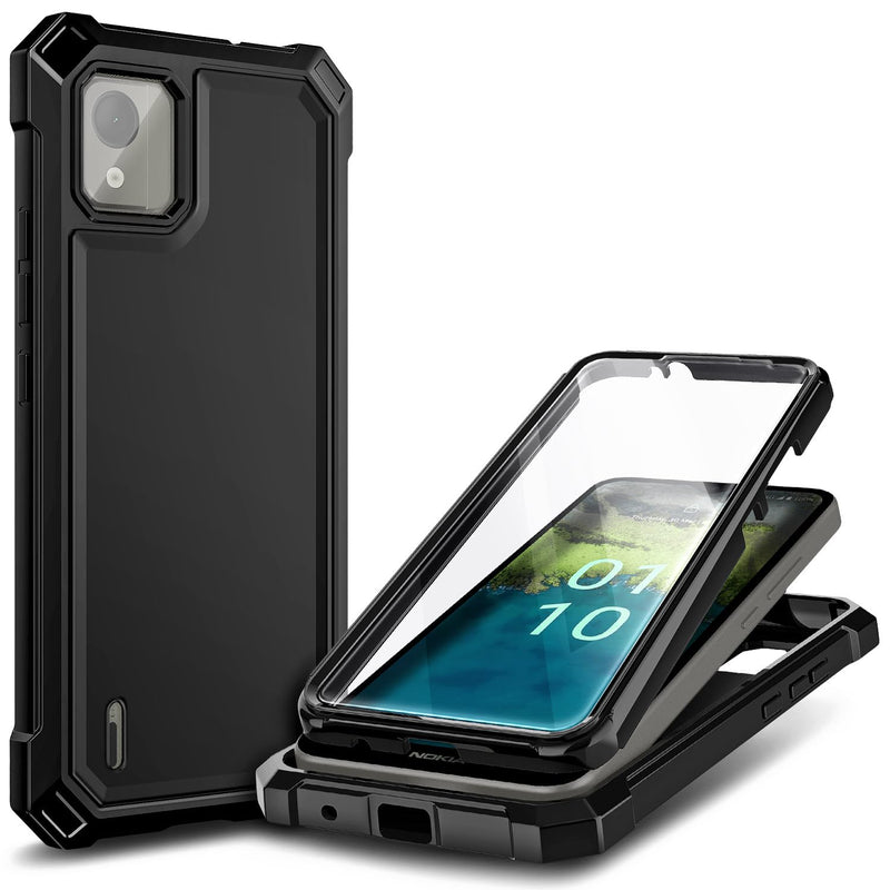 NZND Compatible with Nokia C110 Case with [Built-in Screen Protector], Full-Body Protective Shockproof Rugged Bumper Cover, Impact Resist Durable Phone Cover Case (Black)