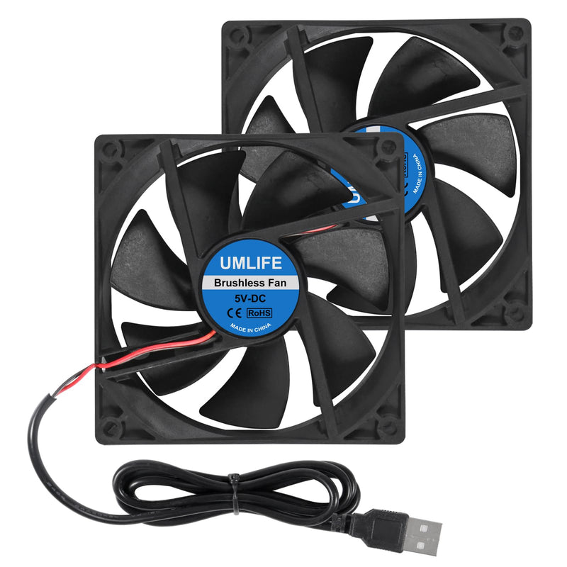 UMLIFE 2 Pack 92mm USB Fan for DIY Cooling Ventilation - 92mm x 92mm x 25mm - 5V DC 0.12A 2000 RPM 43.4CFM 27.3dBA Sleeve Bearing 35000h Life 92mm x 25mm NO Fan grill