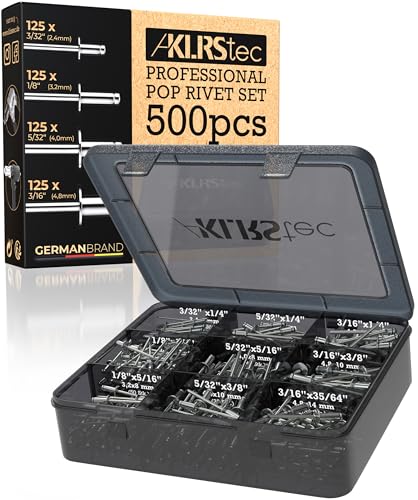 KLRStec Pop Rivets Assortment Kit, 500pcs Aluminum Blind Rivets, 4 Sizes