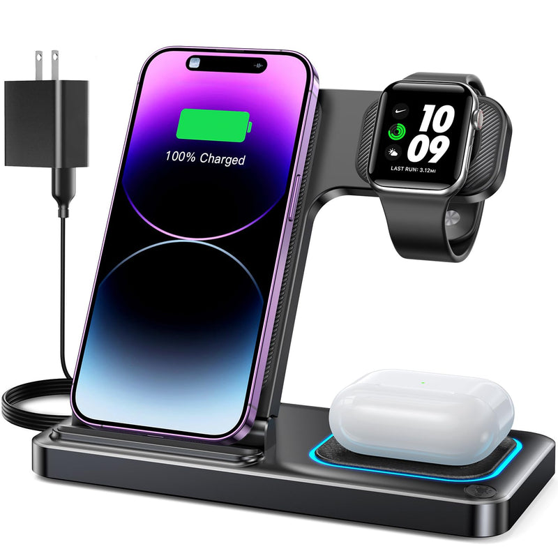 DUMTERR 3 in 1 Wireless Charger for iPhone 16/15/14/13/12,Wireless Charging Station for Apple Devices, Charging Stand for Apple Watch Series 10, for AirPods 4 Black