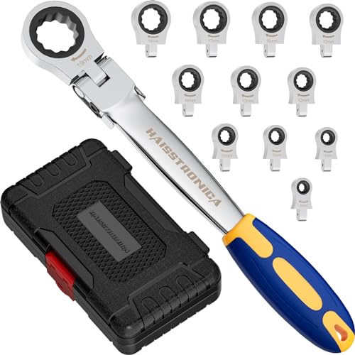 haisstronica 12 in 1 Flex-Head Ratcheting Wrench Set, Metric 8-19 mm Metric-12 in 1 Blue&yellow