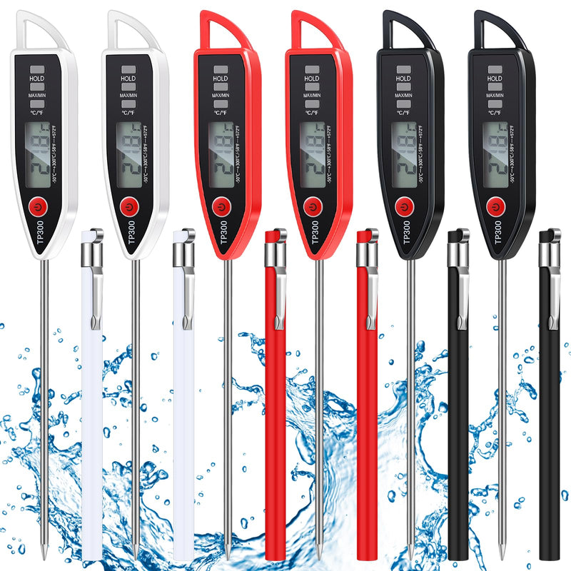 6 Set Waterproof Food Thermometer for Water, Liquid, Candle and Cooking Digital Meat Thermometer with Long Probe Instant Read for Kitchen BBQ Grill Candy (Black,White,Red) 6 Black, White, Red