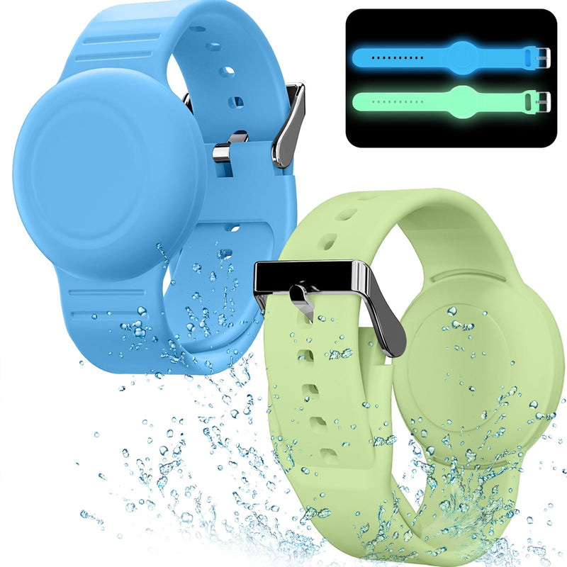 Waterproof Air Tag Bracelet for Kids(2 Pack), Soft Silicone Air Tag Hidden Wristband Kids, Lightweight GPS Tracker Compatible with Apple AirTag (Grow in Dark Blue & Green) ‎‎‎‎‎‎Grow in Dark Blue & Green