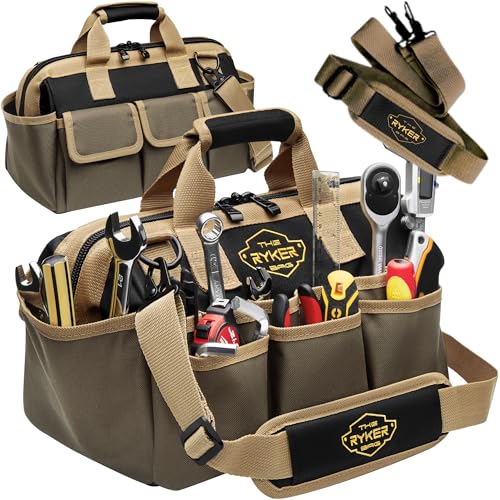 Ryker 14’’ Heavy Duty Tool Bag. Tool Box Organizer for Electricians & HVAC Khaki