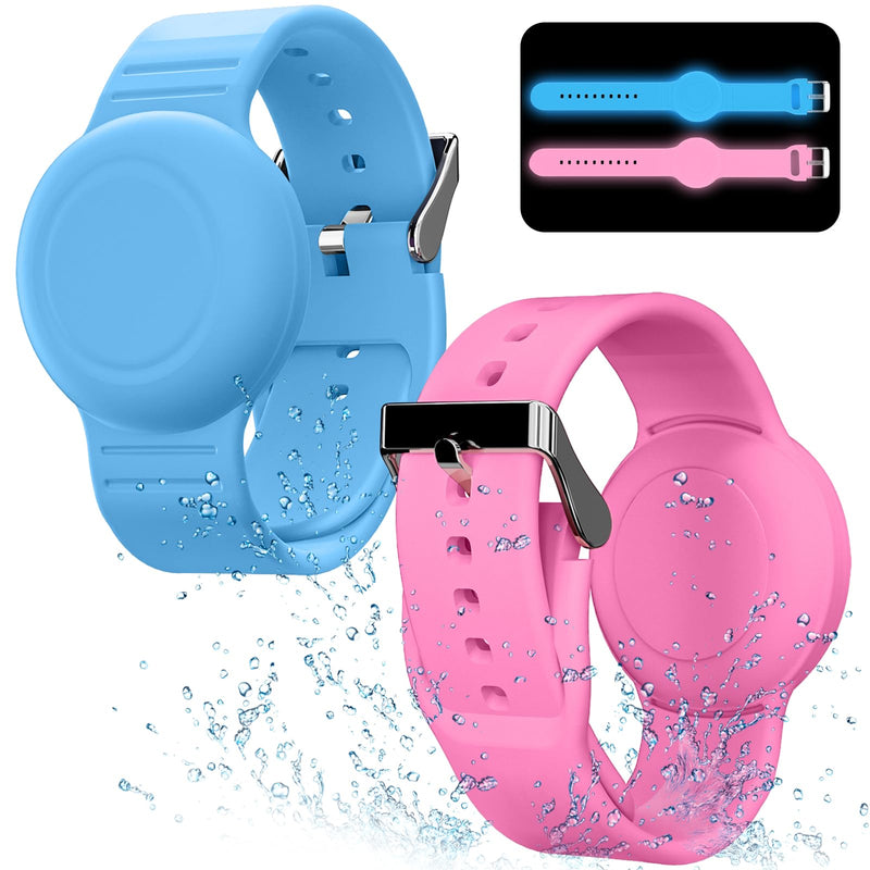 Waterproof Air Tag Bracelet for Kids(2 Pack), Soft Silicone Air Tag Hidden Wristband Kids, Lightweight GPS Tracker Compatible with Apple AirTag (Grow in Dark Blue & Pink) ‎‎‎‎‎‎Grow in Dark Blue & Pink