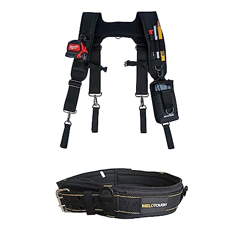 MELOTOUGH 1pcs Tool Belt Suspenders Construction Bag Suspenders Heavy Duty Padded Work belt Suspenders +1pcs Padded Tool Belt with D ring for men construction Strong Durable Double Metal Roller Buckl