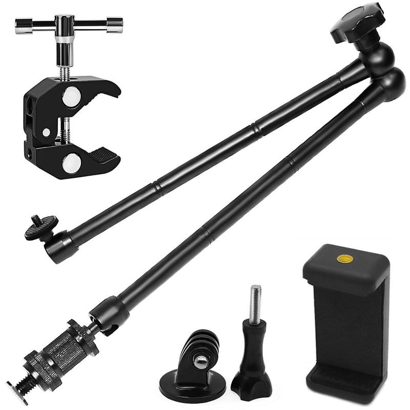 Camera Magic Arm articulating arm- 20 Inch Metal Adjustable Friction Articulated arm with Super Clamp/Phone Clip, for Various Action Camera/DSLR/LCD Monitor/LED Lights/Cell Phone 20 Inch Frosted Black Magic Arm