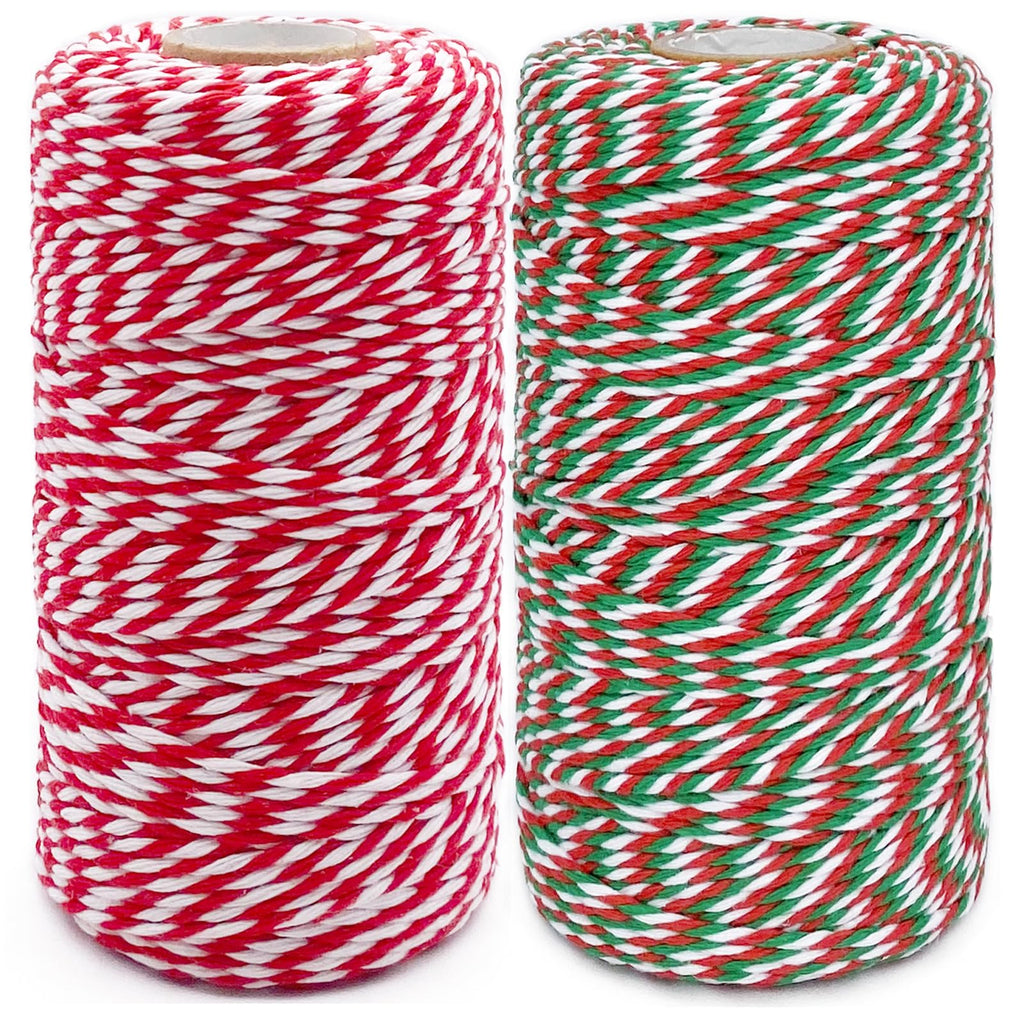 Leecogo Christmas Twine String, 2 Rolls 656 Feet Bakers Twine Cotton Twine String Natural Green Red White Butchers Twine String Cord for Gift Wrapping, Baking, Arts Crafts, Gardening,DIY,Home Decor