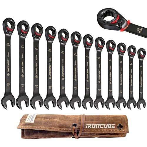 ironcube Reversible Ratcheting Wrench Set: 12-Piece Metric 8-19mm - Tough Black - Wax Canvas Storage Bag - Automotive and Motorcycle Repair Tools 12-Piece Metric Reversible