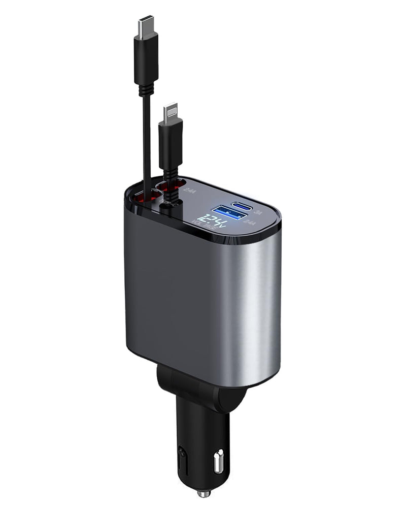 Retractable Car Charger, 4 in 1 Fast Car Phone Charger 66W, 2 Retractable Cables and USB Car Charger,Compatible with iPhone 15/14/13/12/11,Galaxy,Pixel