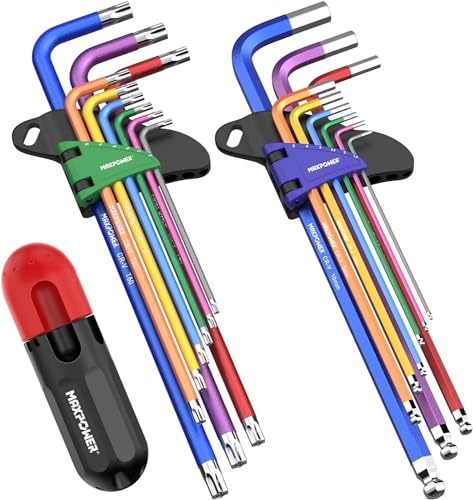 MAXPOWER Allen Wrenches Set, 18-piece Metric Ball End Hex Key Set & Torx Star Allen Keys, Long Arm Wrench with Extra T-Handle for Home Maintenance and DIY 18 Pcs