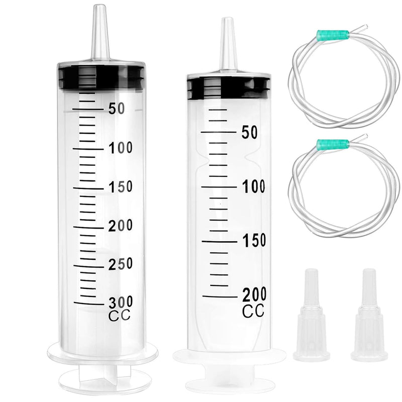 2 x Syringes, Syringe 200 ml + 300 ml, Syringe with Hose, Large Syringe | Extraction syringe, oil syringe, dosing syringe without needle, syringe set for laboratory, industry, animal feeding 200ml+300ml