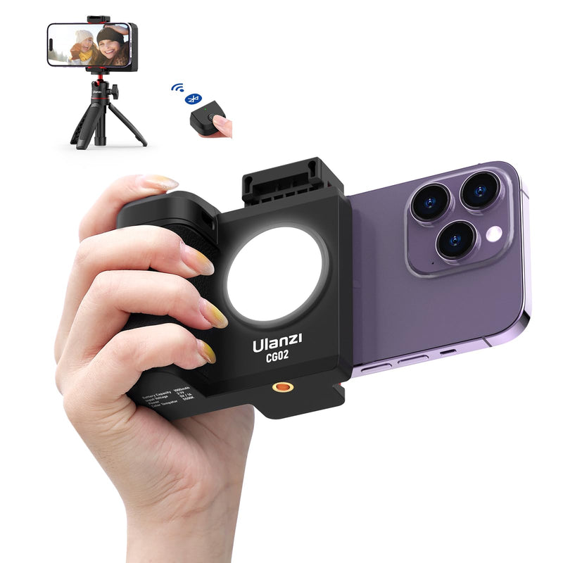 CG-02 Grip Holder for Smartphone Upgraded Phone Camera Grip w Remote Shutter Handheld Tripod Mount Fill Light Handheld Photography Accessories Compatible with iPhone 17 16 15 14 Pro Max etc CG-02