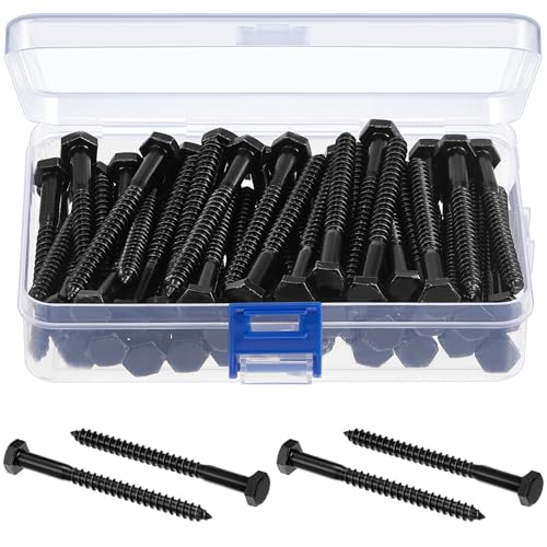 Blulu 60 Pcs 1/4" x 3" Hex Head Lag Screws 304 Stainless Steel Lag Bolts for Wood Plain Finish Hexagon Head Wood Screws (Black) 1/4" x 3" Black