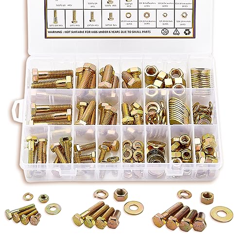 ZTF Bolts and Nuts Assortment Kit，1/4-20 5/16-18 3/8-16 SAE Nuts and Bolts gold-1/4-20 5/16-18 3/8-16 Sae bolts