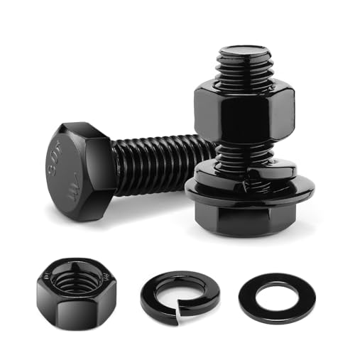 3/8-16 x 1-1/4" Hex Head Screw Bolt, Nuts, Flat & Lock Washers, 20Pcs 18-8 (304) Stainless Steel, Fully Threaded, Black Oxide by SG TZH 3/8-16 x 1-1/4"