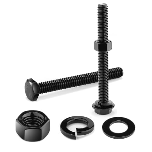 1/2-13 x 4 Hex Head Screw Bolt, Nuts, Flat & Lock Washers, 10Pcs 18-8 (304) Stainless Steel, Fully Threaded, Black Oxide by SG TZH