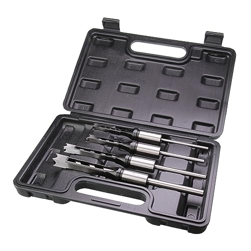 Square Hole Drill Bits for Wood,4pcs Woodworking Square Mortise Drill Bit, Mortise Chisel,1/4 Inch 5/16 Inch 3/8 Inch 1/2 Inch (All of Sizes) with Plastic Storage Case
