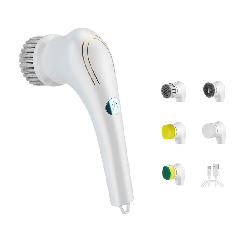 Cordless Electric Spin Cleaning Power Scrubber with 5 Replaceable Brush Heads，Handheld Shower Scrubber for Bathtub, Floor, Wall, Tile, Toilet, Window, Sink (White) White