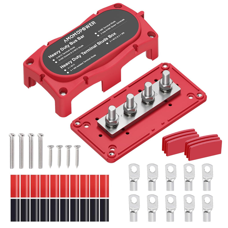 300A Bus Bar 12v Power Distribution Block 4 x 5/16"(M8) Terminal Block Heavy Duty Waterproof Buss Bar Junction Block Marine Battery Bus bar for Automotive Boat Solar System(Red) M8 Red