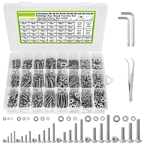 1059Pcs Nuts and Bolts Assortment Kit Phillips Pan Head #2-56#4-40#6-32#8-32#10-24#12-24 Machine Screws, K Kwokker 26 Sizes 304 Stainless Steel Screws Nut and Bolt Assortment with Screw Organizer A. #2-56 - #12-24