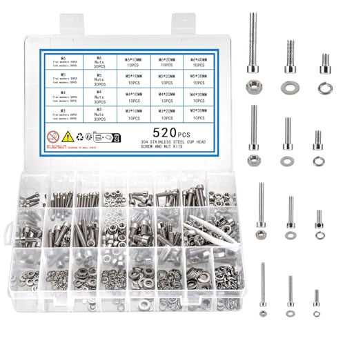 520pcs Hex Socket Head Cap Screws Bolts and Nuts and Washers Assortment Kit, Metric M3 M4 M5 M6 Stainless Steel Machine Screws Nuts and Bolts and Washers, Thread Hexagon Allen Bolt