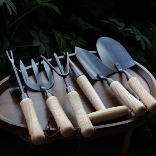Japanese Gardening Tools Set, 6 Pcs Garden Tools Set, Black Painted Stainless Steel Heavy Duty Gardening Tools Kit, Hand Trowel, Dibble, Hand Rake, Weeder, Transplanter and Hand Folk… Black Painted Steel 3