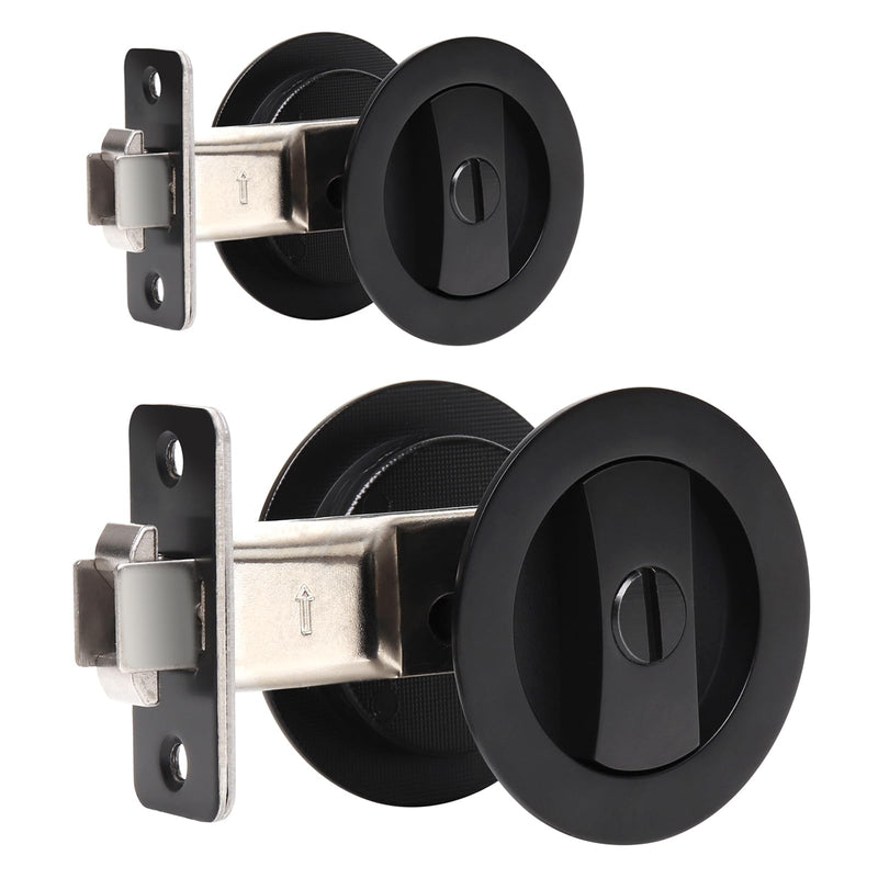 Dontay 2 Pack Pocket Door Privacy Lock, Flush Handles, 2-3/8" Backset, (Bed/Bath) Latch, Recessed Knob, Hardware for 1 3/8” to 2 3/16” Thickness Door (Excluding Edge Pull, Matte Black, Round) Round - 2 Pack Excluding Edge Pull