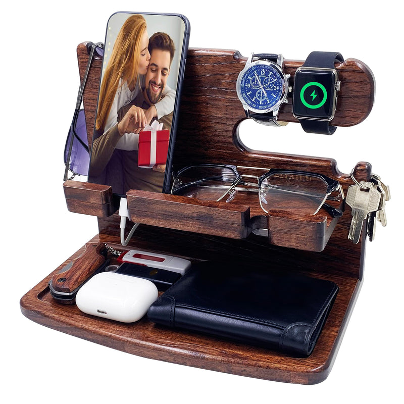 Gifts for Men Women Dad Husband Boyfriend Wood Phone Docking Station Nightstand Organizer for Men Birthday Gifts (Dark Brown) dark brown