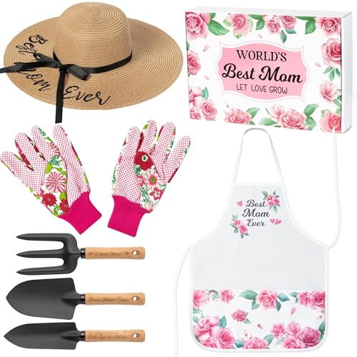 Mom Garden Tools Pink Hand Rake Transplanter Apron Trowel Straw Hat Planting Gloves Gardening Set with Box Outdoor Horticulture Starter for Best Mother in Law Plant Lover