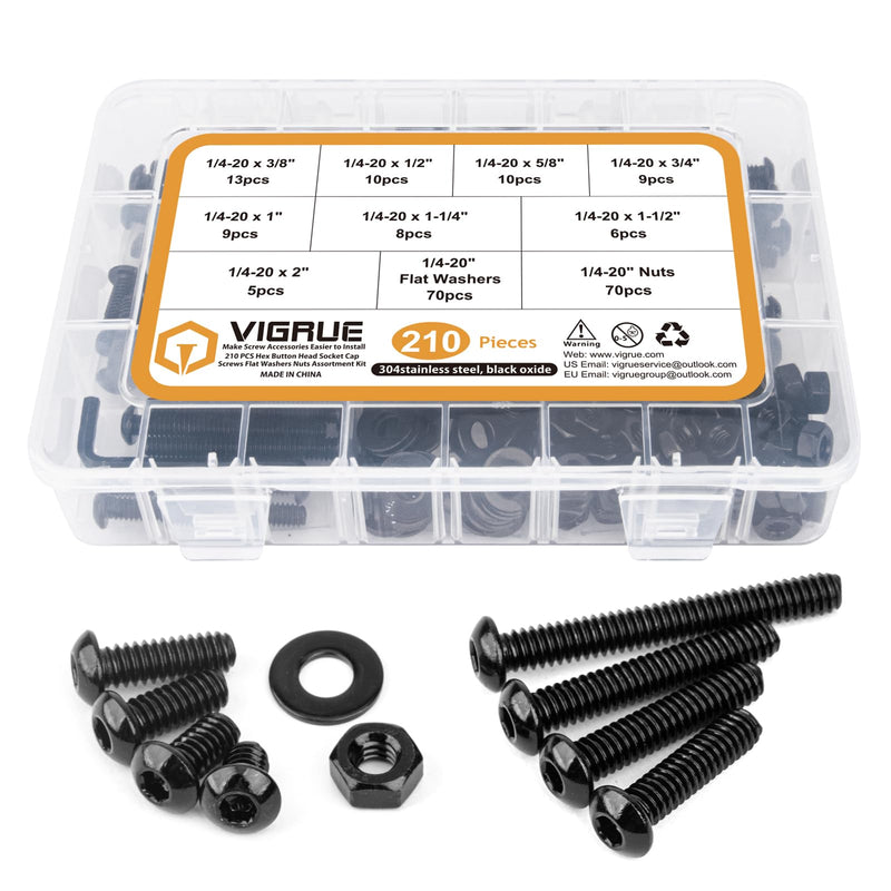 VIGRUE 210PCS 1/4-20 x 3/8" to 2" Button Head Socket Cap Bolts Screws Nuts Washers Assortment Kit, Black Oxide 304 Stainless Steel 18-8, Allen Hex Drive