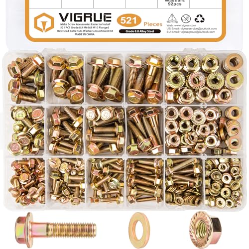 VIGRUE 521PCS M6 M8 M10 Flange Bolts Assortment Kit Metric Class 8.8 Serrated Hex Cap Flange Hex Bolts Flange Nuts Assorted Set, Coarse Full and Half Threads