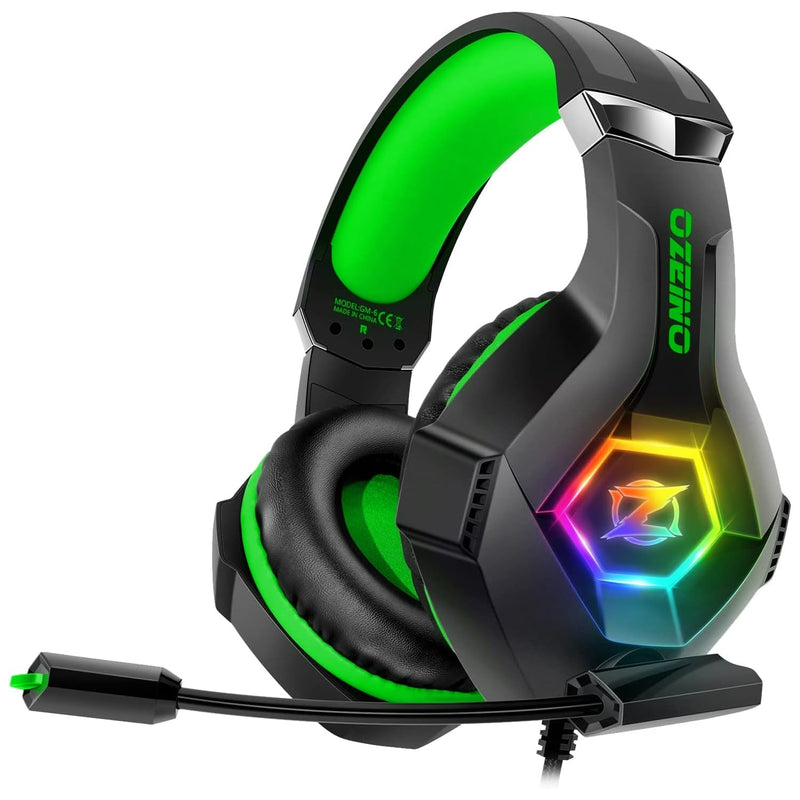 Gaming Headset for PC, PS4, PS5, Xbox Headset, Gaming Headphones with Noise Cancelling Flexible Mic RGB Light Memory Earmuffs for Xbox one, Switch, Mac -Green Green Large Wired