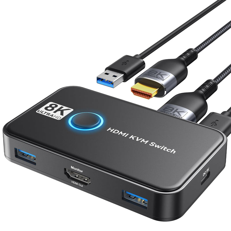 KVM Switch 1 Monitors 2 Computers Viagkiki USB Switch for 2 Computers Share Keyboard Mouse Printer and one HD Monitor Support UHD 8K@60Hz with 2 USB Cable and 2 HDMI Cable (Black) Black