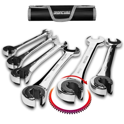 ironcube Brake Line Wrench Set: 6 Pcs Metric 10-17mm - Ratcheting Open-end for Nuts on Fuel, Brake or Air Conditioning Lines