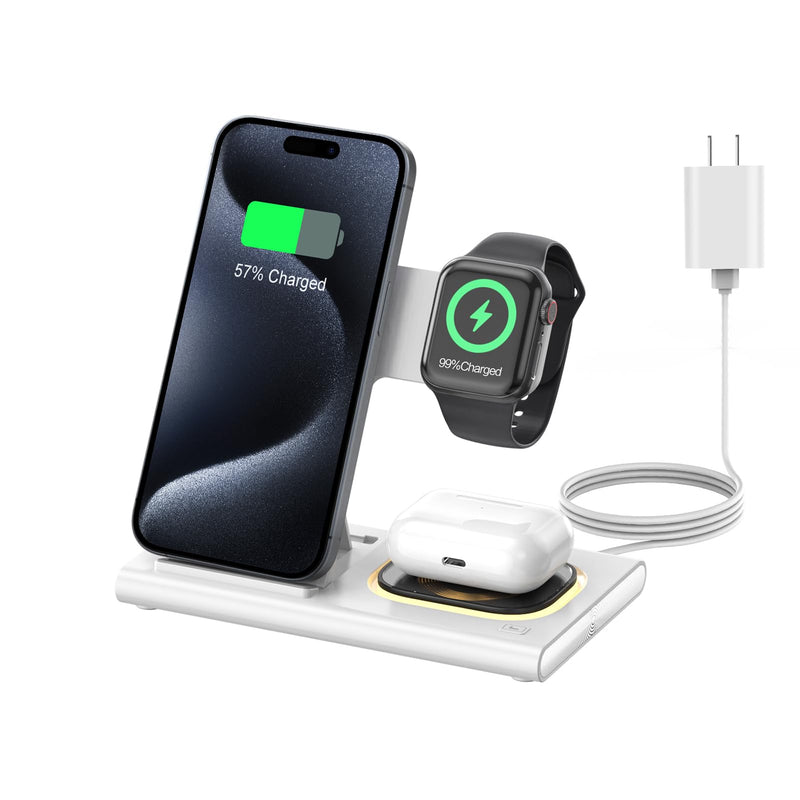 3 in 1 Foldable Charging Station for Apple Products,Fast Wireless Charger Travel Dock Adapter&Light for iPhone 16/15/14/13/12/11/X/XS,for iWatch 10/9/8/7/Ultra2/Ultra/SE,for AirPods 4/3/2/Pro/2(White) White