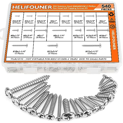 540 Pieces #4#6#8#10#12 Wood Screws Set, HELIFOUNER 18 Sizes Phillips Pan Head Self-Tapping Screws Assortment Kit, Phillips Pan Head Wood Screws, 304 Stainless Steel