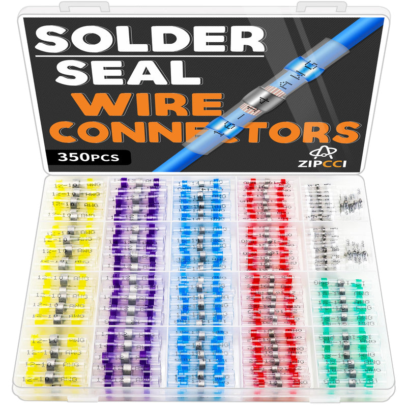 ZIPCCI 350Pcs Wire Connectors Kit - Solder Seal Wire Connectors, Heat Shrink Butt Connectors, Waterproof - Electrical Terminal Splice, Marine Grade - Gauge Wiring, Crimp - Trailer, Automotive, DIY 350