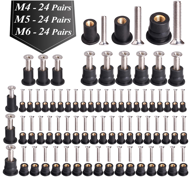 WEDAMER 72 Pairs M4 M5 M6 Neoprene Well Nuts with Stainless Steel Screw M5 Rubber Well Nuts Kayak Brass Copper Bolts Well Nut Kit for Kayak Motorcycle Boat Marine Windscreen Accessories (M4 M5 M6) M4/M5/M6 Each 24 Pairs