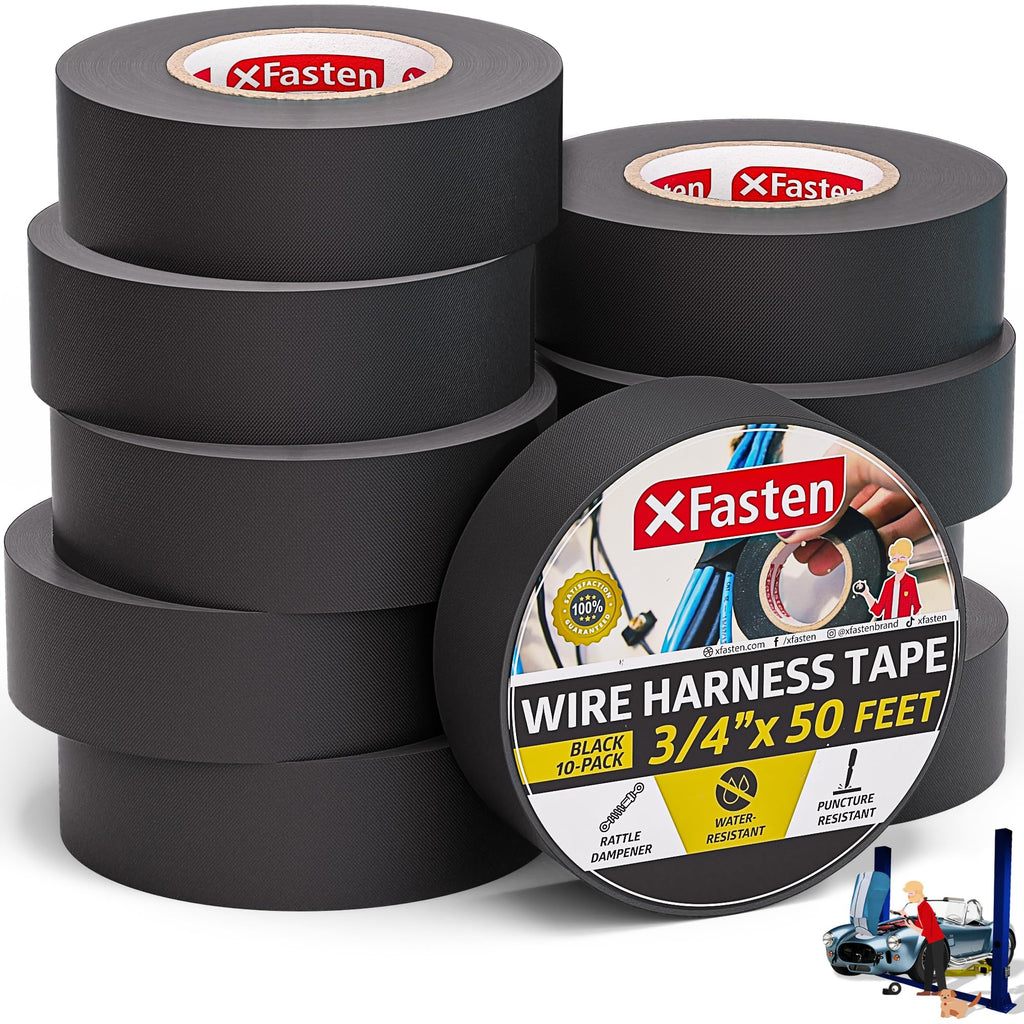 XFasten Wire Harness Tape 10-Pack 3/4 Inch x 50-Feet 500ft Total Residue-Free High Heat Resistant Automotive Wire Loom Tape Cloth Electrical Tape Automotive Fabric High Heat Cable Wrap Tape Black 3/4-Inch x 50-Feet (10-Pack)